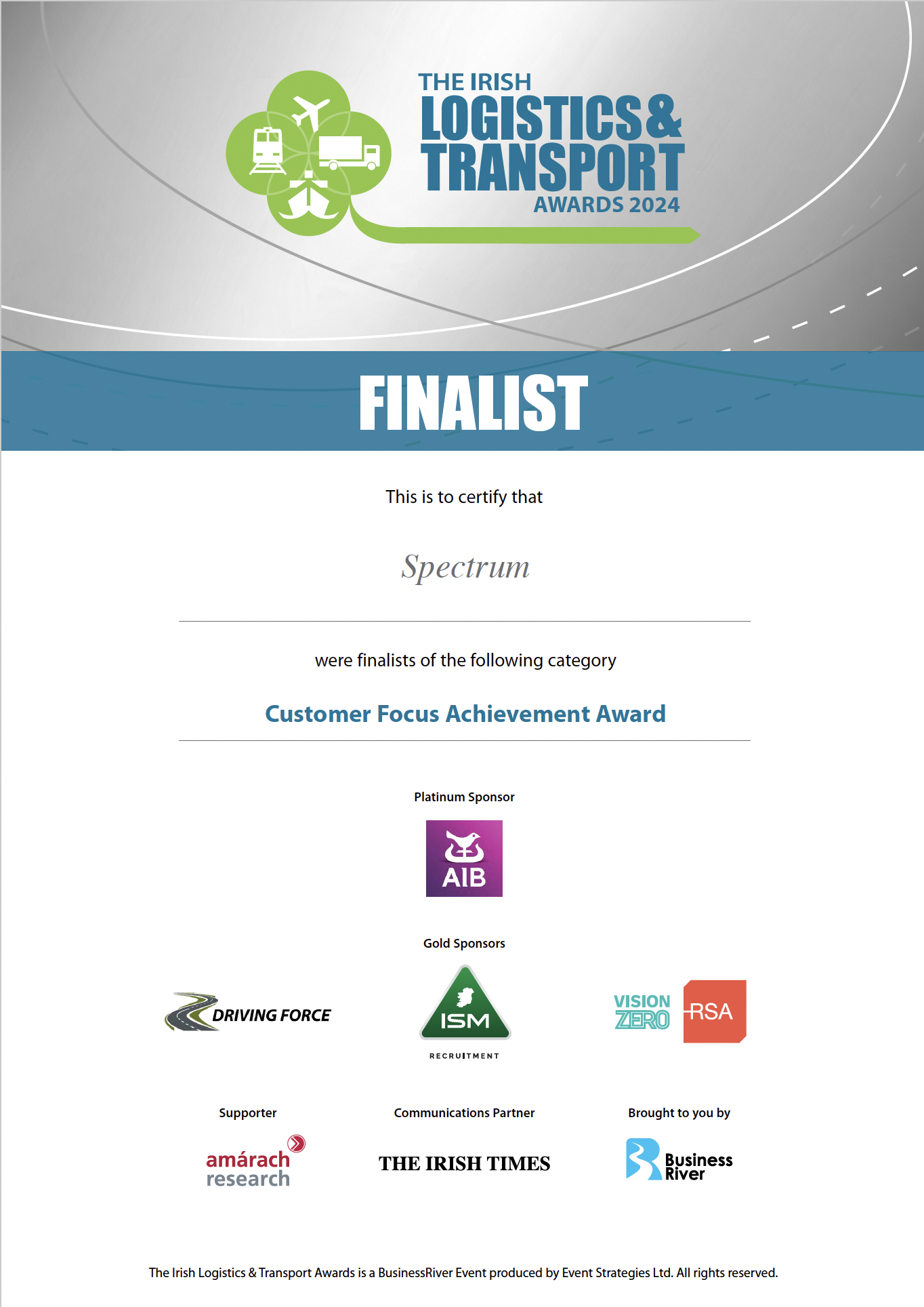 Irish Logistics and transport award finalist certificate 2024